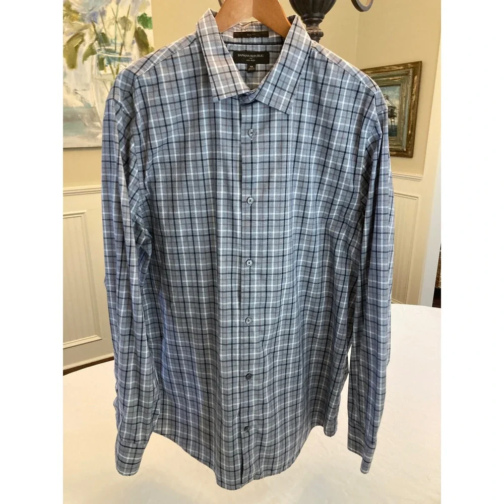 Banana Republic Mens XL Slim Fit Non-Iron Plaid Button Down Shirt Blue Grey